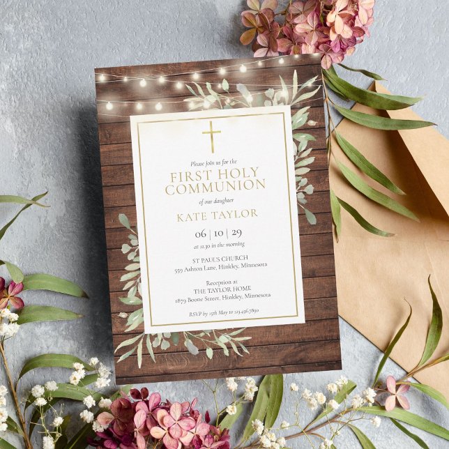 Rustic String Lights Greenery First Holy Communion Invitation (Creator Uploaded)
