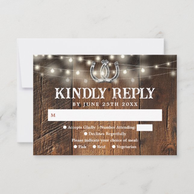 Rustic String Lights Horseshoes Western Wedding RSVP Card (Front)