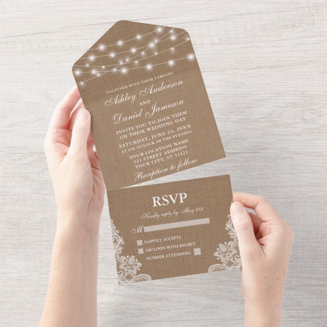 Rustic String Lights Lace Burlap Wedding All In One Invitation (Tearaway)