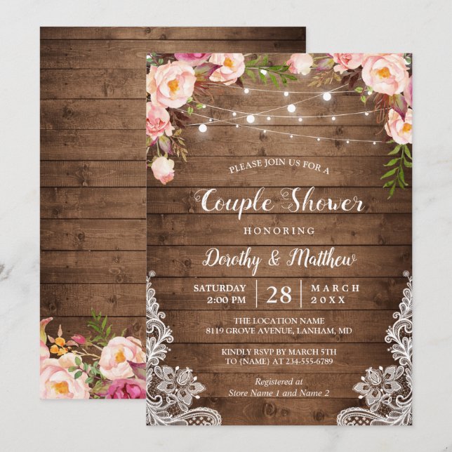 Rustic String Lights Lace Floral Couple's Shower Invitation (Front/Back)
