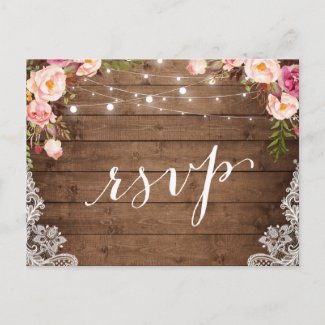 Rustic String Lights Lace Floral Farm Wedding RSVP Invitation Postcard