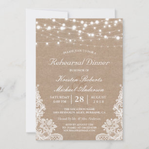 Rustic String Lights Lace Wedding Rehearsal Dinner Invitation