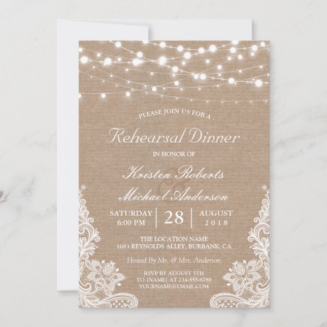 Rustic String Lights Lace Wedding Rehearsal Dinner Invitation (Front)