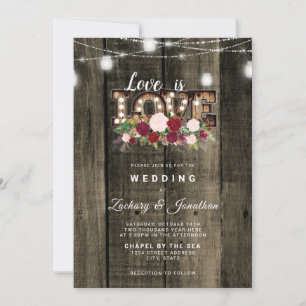 Rustic String Lights Love is Love Gay Wedding Invitation