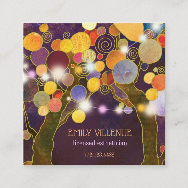 Rustic String Lights Love Trees Aesthetician Square Business Card (Front)