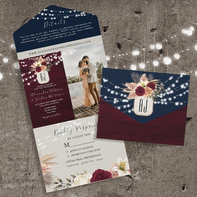 Rustic String Lights Mason Jar Burgundy Wedding All In One Invitation (Creator Uploaded)