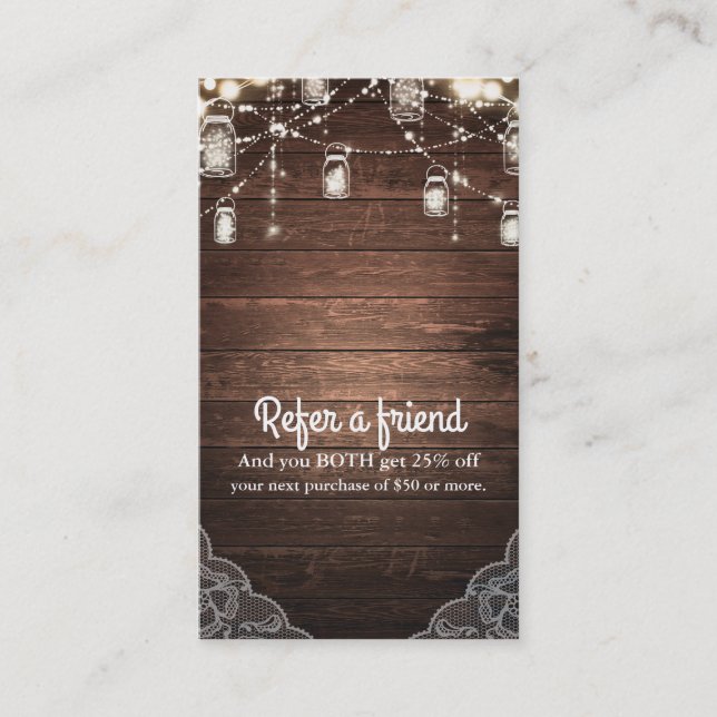Rustic String Lights Mason Jar Lace Refer a Friend Referral Card (Front)