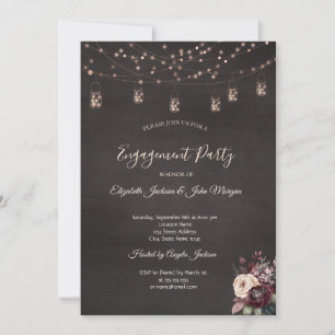 Rustic String Lights Mason Jar Roses Engagement  Invitation