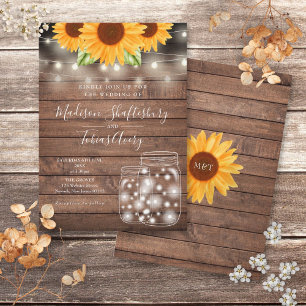 Rustic String Lights Mason Jar Sunflowers Wedding Invitation