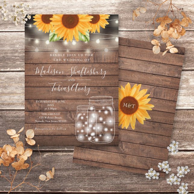Rustic String Lights Mason Jar Sunflowers Wedding Invitation (Rustic String Lights Mason Jar Sunflowers Wedding Invitation)