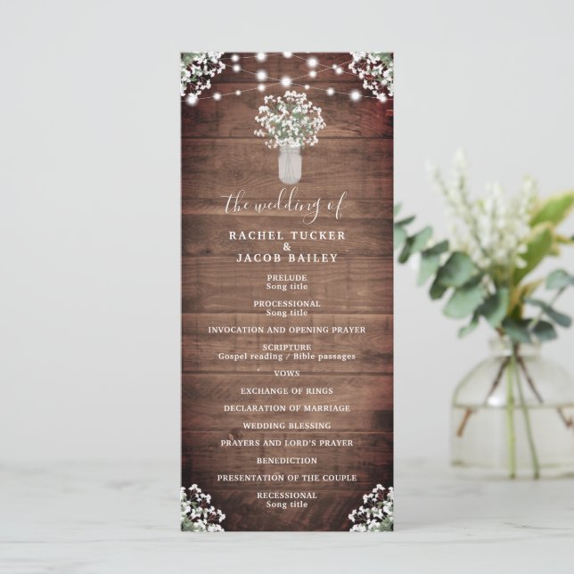 Rustic String Lights Mason Jar Wedding Program (Standing Front)