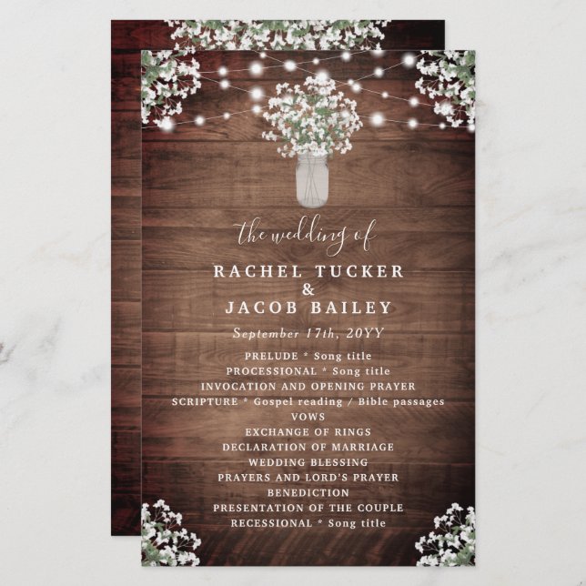 Rustic String Lights Mason Jar Wedding Programme d (Devant / Derrière)