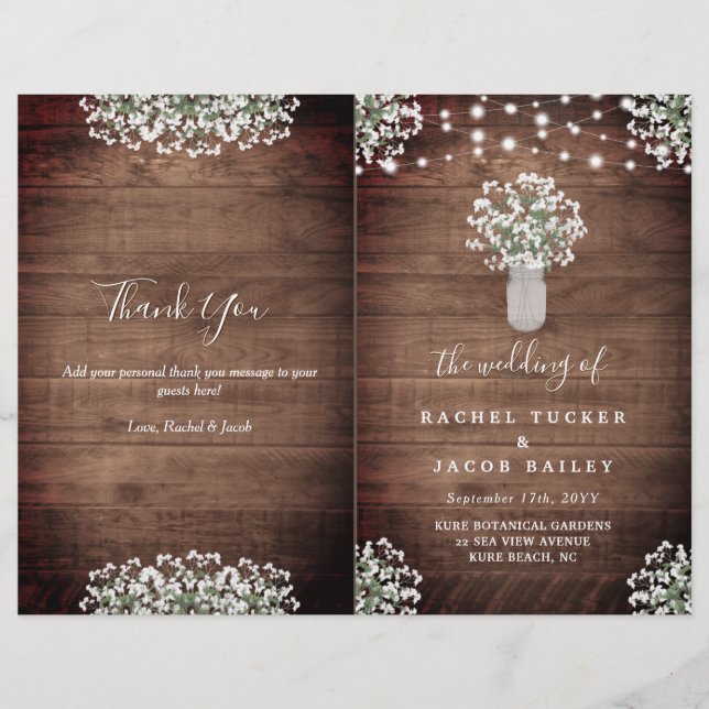 Rustic String Lights Mason Jar Wedding Programme d (Devant)