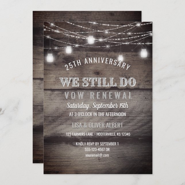 Rustic String Lights Mason Jar Wood Vow Renewal Invitation (Front/Back)