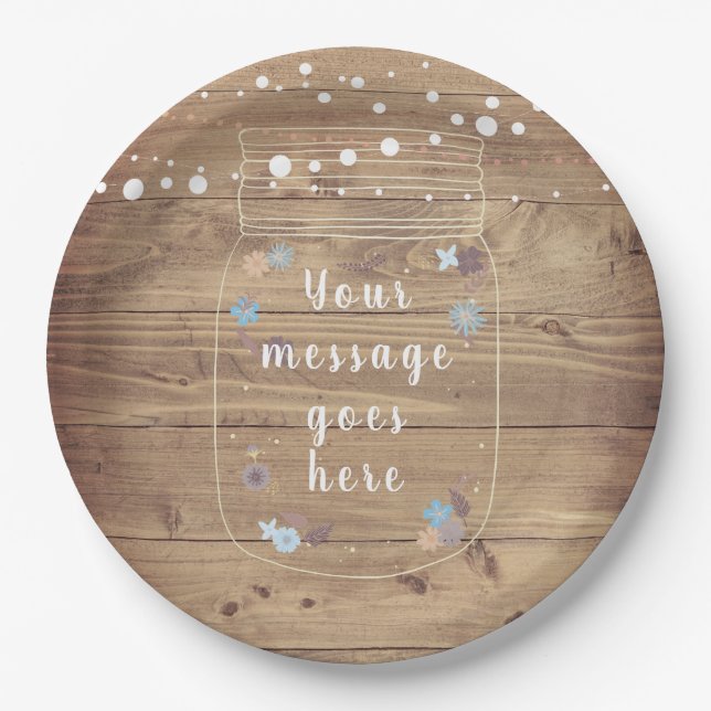 Rustic String Lights Mason Jar Your Message Paper Plate (Front)
