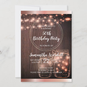 Rustic String Lights Mason Jars Metallic Rose Gold Invitation