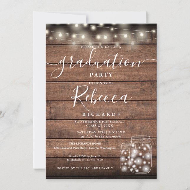 Rustic String Lights Mason Jars Script Graduation Invitation (Front)