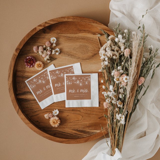Rustic String Lights Mr. and Mrs. Wedding Monogram Napkin (Creator Uploaded)