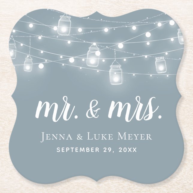 Rustic String Lights Mr. and Mrs. Wedding Monogram Paper Coaster (Front)