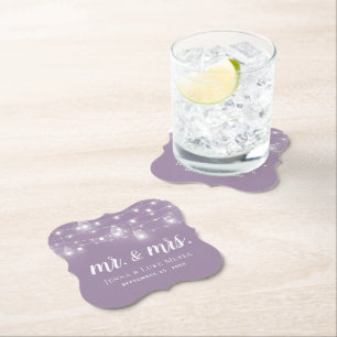 Rustic String Lights Mr. and Mrs. Wedding Monogram Paper Coaster