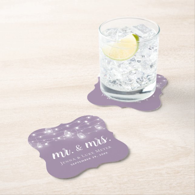 Rustic String Lights Mr. and Mrs. Wedding Monogram Paper Coaster (Insitu)