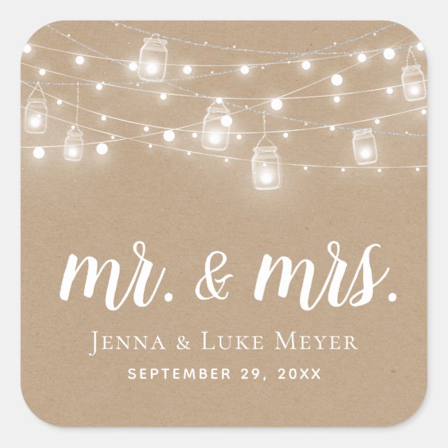 Rustic String Lights Mr. and Mrs. Wedding Monogram Square Sticker (Front)