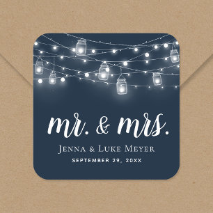 Rustic String Lights Mr. and Mrs. Wedding Monogram Square Sticker