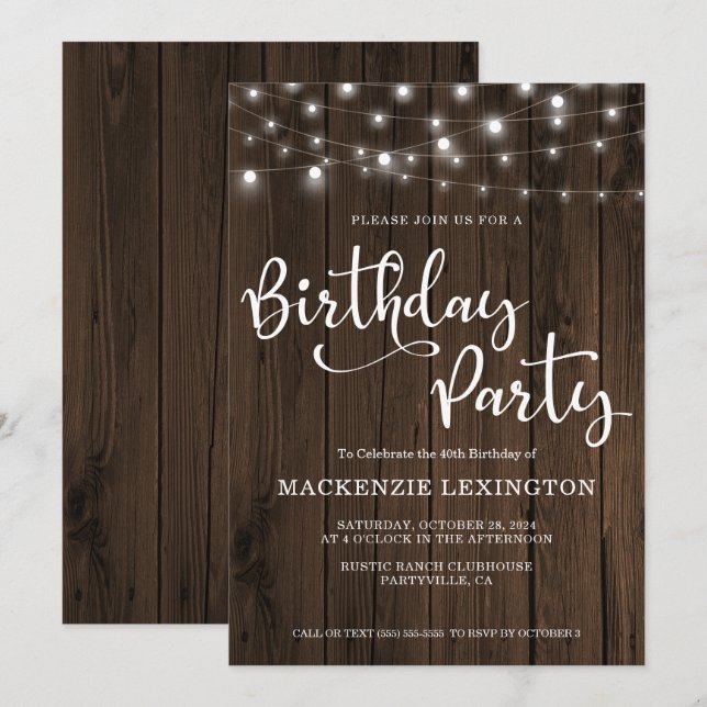 Rustic String Lights on Wood | 40th Birthday Party Invitation (Front/Back)