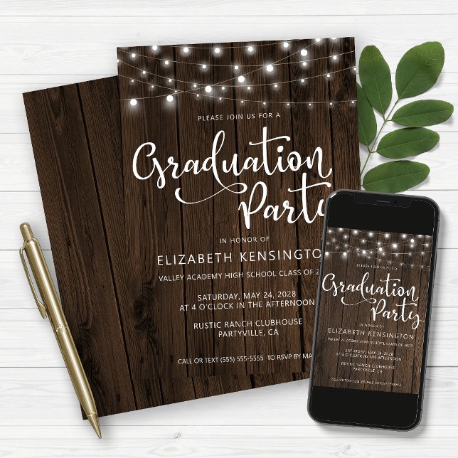 Rustic String Lights on Wood Graduation Party Invitation (Creator Uploaded)