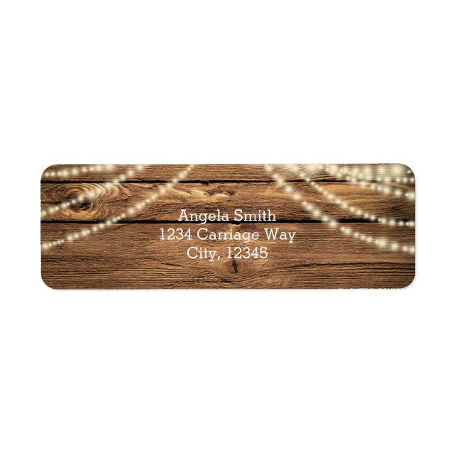 Rustic String Lights on Wood Wedding Address Label (Front)