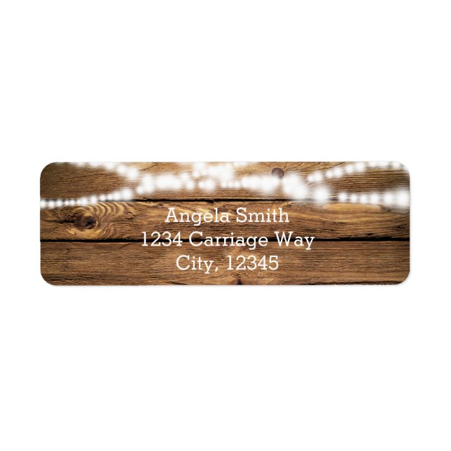 Rustic String Lights on Wood Wedding Address Label (Front)
