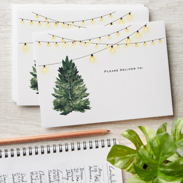 Rustic String Lights Pine Tree Christmas Address Envelope (Stacked)
