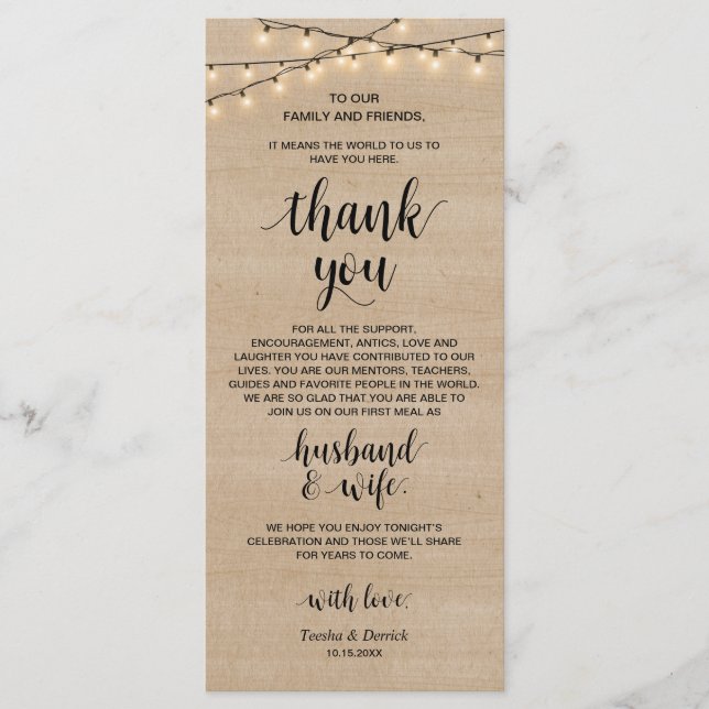 Rustic String lights, Place Setting Thank You Card (Front)