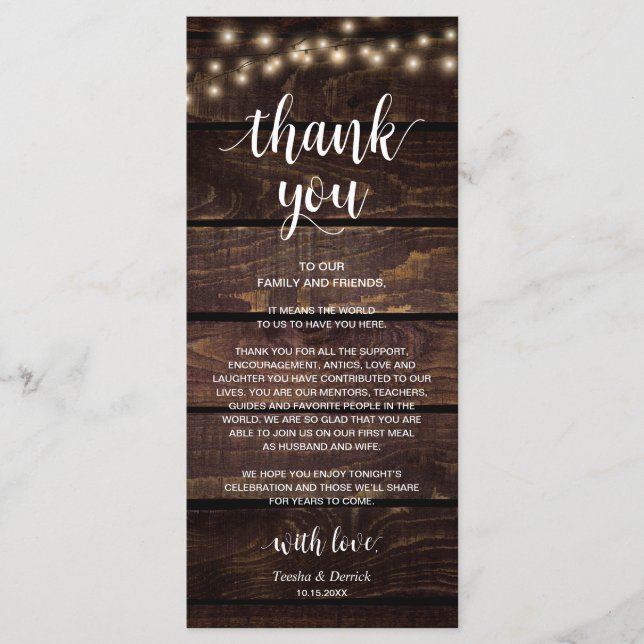 Rustic String Lights, Place Setting Thank You Card (Front)
