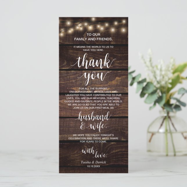 Rustic String Lights, Place Setting Thank You Card (Standing Front)