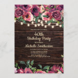 Rustic String Lights Purple Floral 40th Birthday Invitation<br><div class="desc">40th birthday party invitation with a rustic dark brown barn wood background and twinkling string lights with pink and purple watercolor floral.  Contact us for help with customization or matching products.</div>