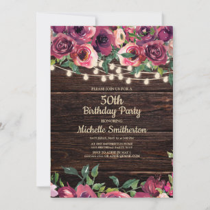 Rustic String Lights Purple Floral 50th Birthday Invitation