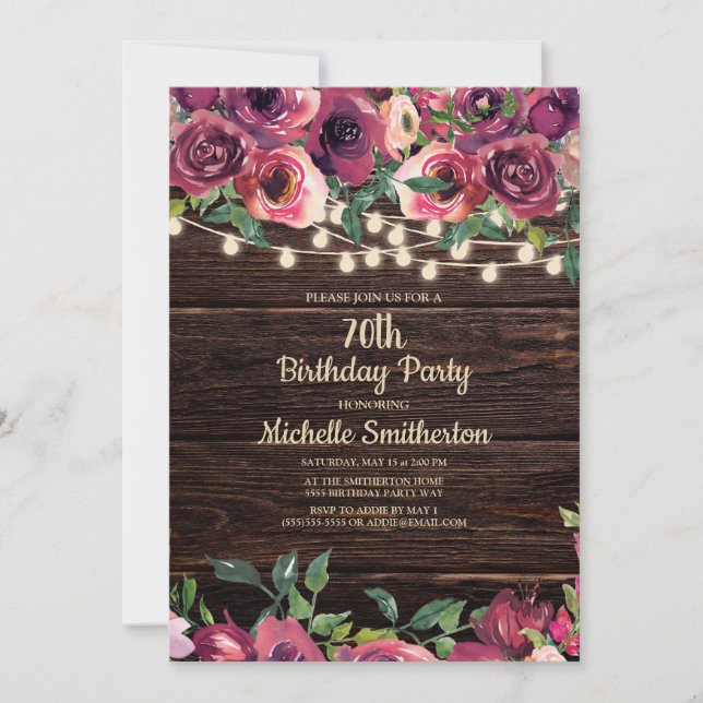 Rustic String Lights Purple Floral 70th Birthday Invitation (Front)