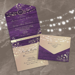 Rustic String Lights Purple Wedding All In One Invitation