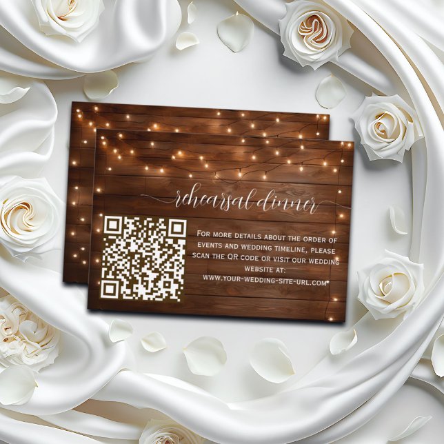 Rustic String Lights QR Code Rehearsal Dinner Enclosure Card (Creator Uploaded)