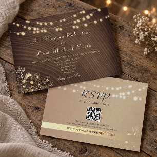 Rustic String Lights QR Code Wedding  Invitation