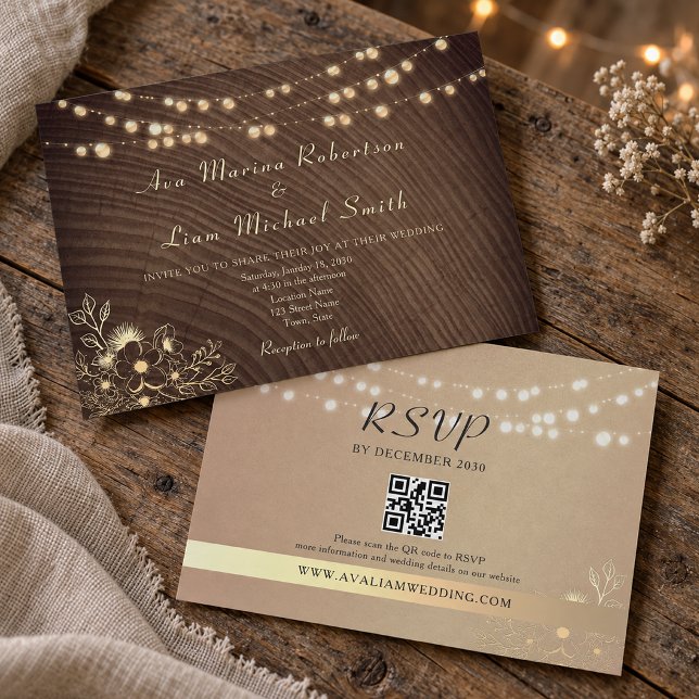 Rustic String Lights QR Code Wedding  Invitation (Creator Uploaded)