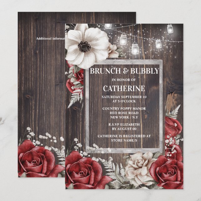 Rustic string lights red rose poppy flower chic invitation (Front/Back)