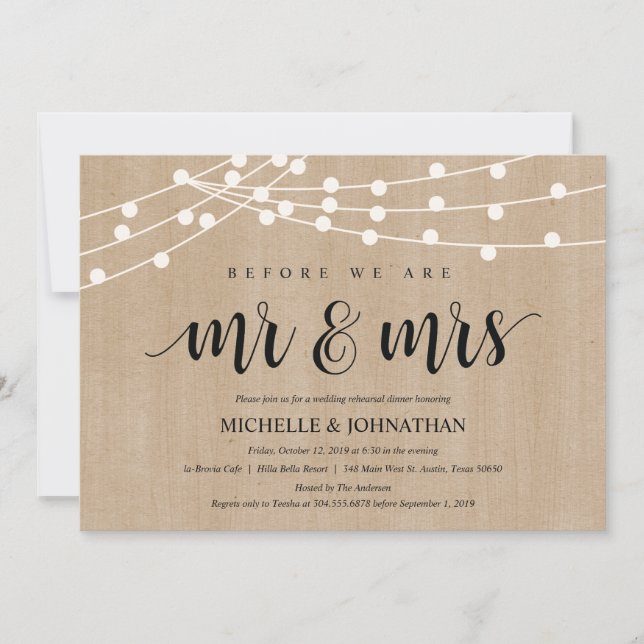 Rustic String Lights Rehearsal Dinner Invites (Front)