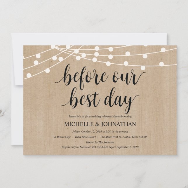 Rustic String Lights Rehearsal Dinner Invites (Front)