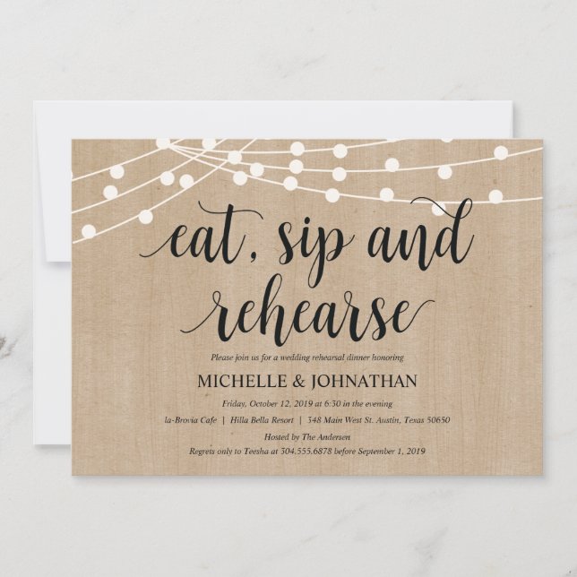 Rustic String Lights Rehearsal Dinner Invites (Front)