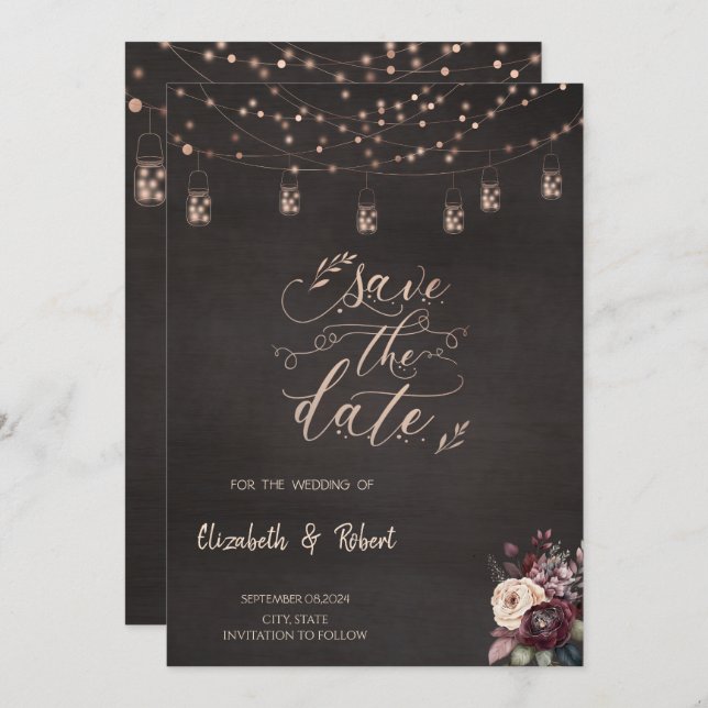 Rustic String Lights Roses Save The Date (Front/Back)