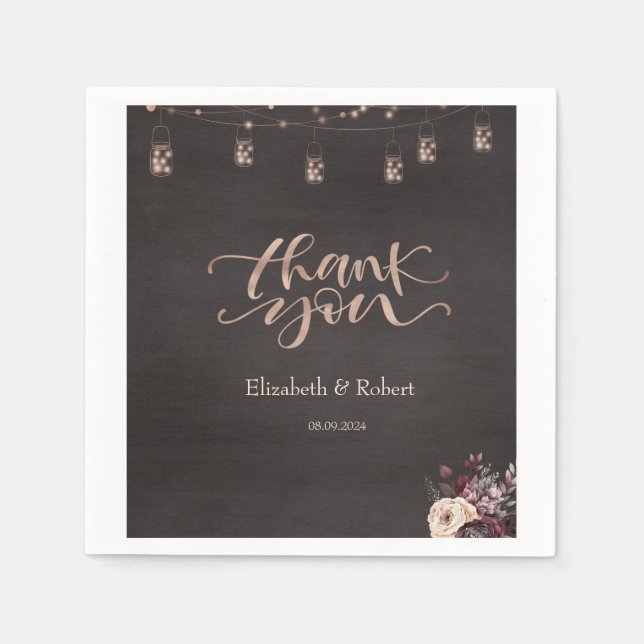 Rustic String Lights Roses Thank You Card Napkin (Front)
