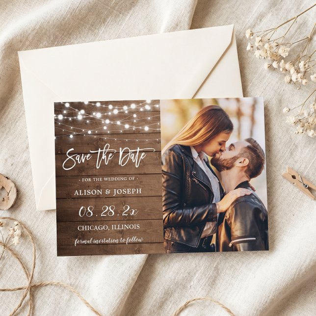 Rustic String Lights Save the Date Magnetic Card (Creator Uploaded)
