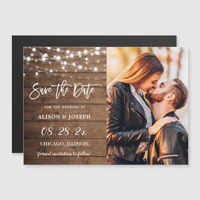 Rustic String Lights Save the Date Magnetic Card (Front/Back)